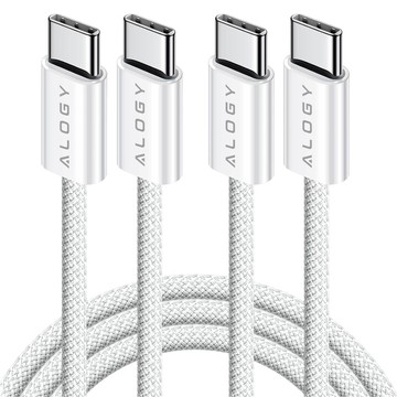 2x Kabel USB-C typ C mocny szybki 60W PD 1M do iPhone 15/Pro/Max nylonowy przewód Alogy biały [2szt]