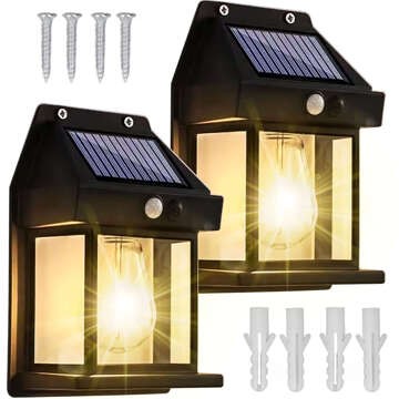 2x Lampa solarna LED elewacyjna ścienna zewnętrzna Żarówka czujnik ruchu zmierzchu wodoodporna IP65 kinkiet retro ogrodowa [2szt]