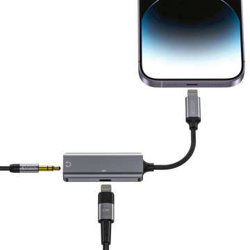 Adapter Lightning do Mini Jack 3.5mm przejściówka do iPhone do słuchania muzyki i ładowania Szary