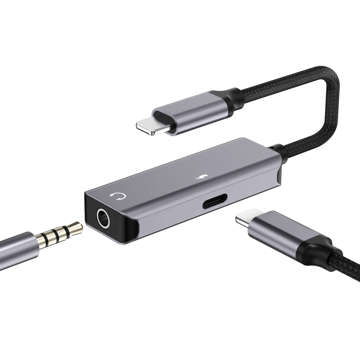 Adapter Lightning do Mini Jack 3.5mm przejściówka do iPhone do słuchania muzyki i ładowania Szary