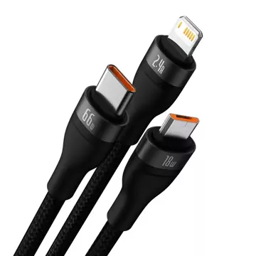 Baseus Flash Series Ⅱ kabel 3w1 do szybkiego ładowania USB-A do USB-C / Micro-USB / Lightning 66W 480Mb/s 1.2m czarny