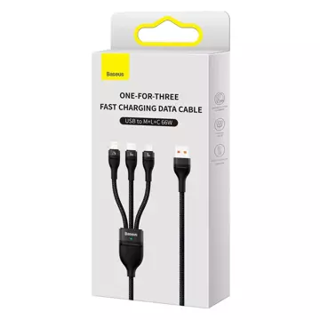 Baseus Flash Series Ⅱ kabel 3w1 do szybkiego ładowania USB-A do USB-C / Micro-USB / Lightning 66W 480Mb/s 1.2m czarny