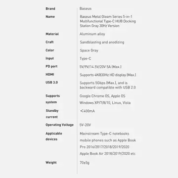 Baseus Metal Gleam Series multifunkcjonalny HUB USB 5w1 USB Typ C PD 100W HDMI szary (WKWG020013) 