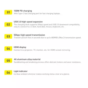 Baseus Metal Gleam Series multifunkcjonalny HUB USB 5w1 USB Typ C PD 100W HDMI szary (WKWG020013) 