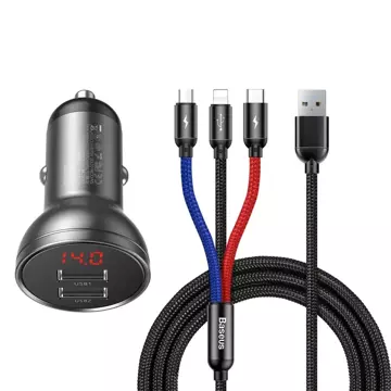 Baseus ładowarka samochodowa 2x USB 4,8A 24W z LCD + kabel 3w1 USB - USB Typ C / micro USB / Lightning 1,2m czarny (TZCCBX-0G)