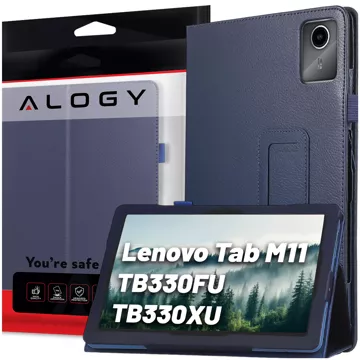 Etui + Szkło do Lenovo Tab K11E / M11 10.95" TB330FU/TB330XU/TB331FC stojak pokrowiec obudowa z klapką na tablet Case Alogy Granatowe + Rysik Gratis