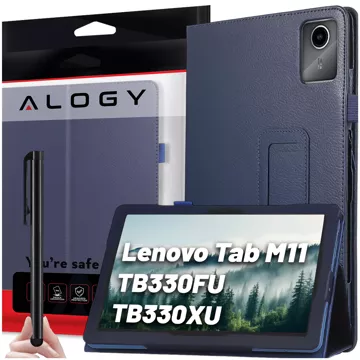 Etui + Szkło do Lenovo Tab K11E / M11 10.95" TB330FU/TB330XU/TB331FC stojak pokrowiec obudowa z klapką na tablet Case Alogy Granatowe + Rysik Gratis