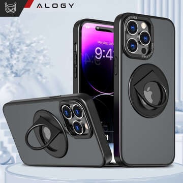 Etui do iPhone 15 Pro obudowa 360 Ring Case pancerne czarne matowe magnes do uchwytu Alogy + Szkło