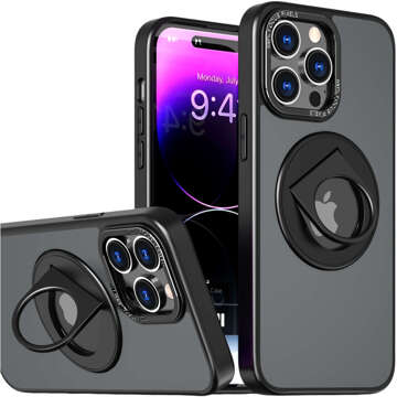 Etui do iPhone 15 Pro obudowa 360 Ring Case pancerne czarne matowe magnes do uchwytu Alogy + Szkło