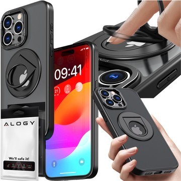 Etui do iPhone 15 Pro obudowa 360 Ring Case pancerne czarne matowe magnes do uchwytu Alogy + Szkło