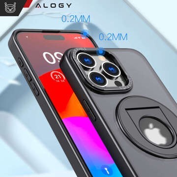 Etui do iPhone 15 Pro obudowa 360 Ring Case pancerne czarne matowe magnes do uchwytu Alogy + Szkło