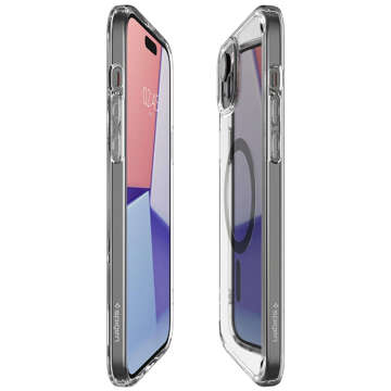 Etui do iPhone 15 Spigen Ultra Hybrid Mag Case do MagSafe obudowa ochronna na telefon Graphite przezroczyste z szarym pierścieniem