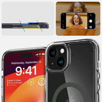 Etui do iPhone 15 Spigen Ultra Hybrid Mag Case do MagSafe obudowa ochronna na telefon Graphite przezroczyste z szarym pierścieniem