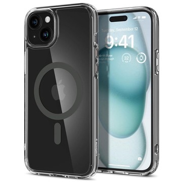 Etui do iPhone 15 Spigen Ultra Hybrid Mag Case do MagSafe obudowa ochronna na telefon Graphite przezroczyste z szarym pierścieniem