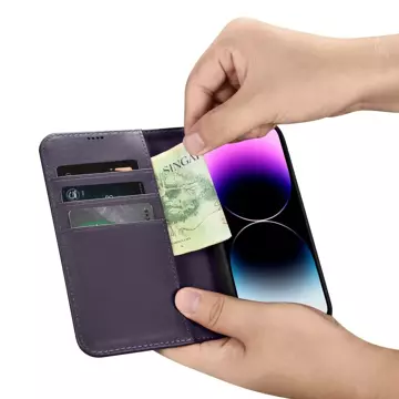 Etui na telefon iCarer Wallet Case 2in1 do iPhone 14 Pro Max skórzany pokrowiec z klapką Anti-RFID ciemnofioletowy