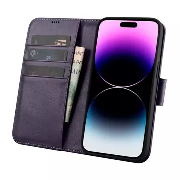 Etui na telefon iCarer Wallet Case 2in1 do iPhone 14 Pro Max skórzany pokrowiec z klapką Anti-RFID ciemnofioletowy