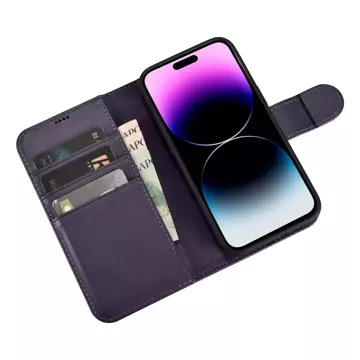 Etui na telefon iCarer Wallet Case 2in1 do iPhone 14 Pro Max skórzany pokrowiec z klapką Anti-RFID ciemnofioletowy