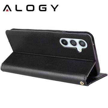 Etui ochronne z klapką skórzany portfel Alogy Wallet Case obudowa na telefon do Samsung Galaxy A34 5G Czarne + Szkło