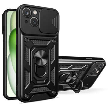 Etui pancerne do iPhone 15 Camshield Case Ring Alogy Stand z osłonką na aparat slide czarne