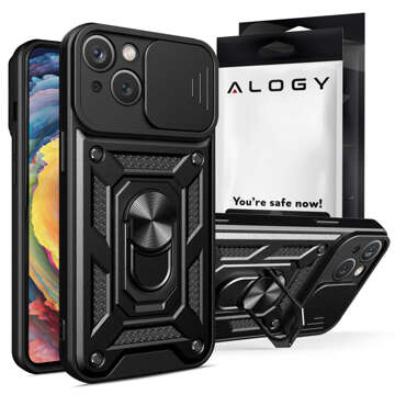 Etui pancerne do iPhone 15 Camshield Case Ring Alogy Stand z osłonką na aparat slide czarne