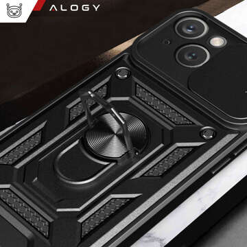 Etui pancerne do iPhone 15 Camshield Case Ring Alogy Stand z osłonką na aparat slide czarne