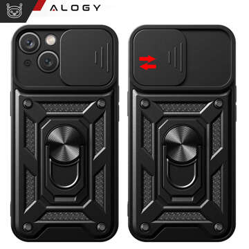 Etui pancerne do iPhone 15 Camshield Case Ring Alogy Stand z osłonką na aparat slide czarne