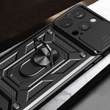 Etui pancerne do iPhone 15 Pro Max Camshield Case Ring Alogy Stand z osłonką na aparat slide czarne