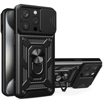 Etui pancerne do iPhone 15 Pro Max Camshield Case Ring Alogy Stand z osłonką na aparat slide czarne + Szkło