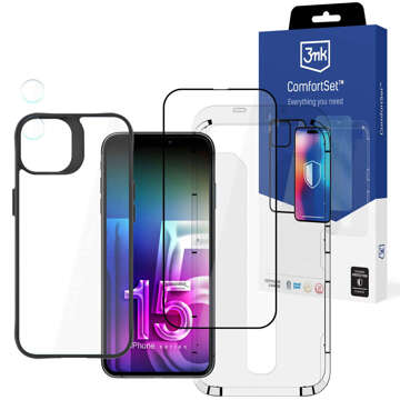 Etui +szkło ekran +obiektyw do iPhone 15 Zestaw 3mk Comfort Set 4in1 case lens hartowane