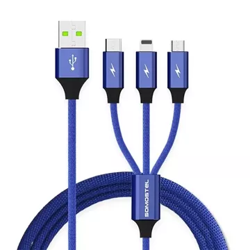 Kabel 3w1 USB-C micro USB Lightning szybkie ładowanie SOMOSTEL SMS-BW03 QC3.0 Quick Charge 2.1A 10W 1.2 m Powerline Niebieski