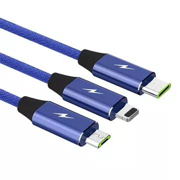 Kabel 3w1 USB-C micro USB Lightning szybkie ładowanie SOMOSTEL SMS-BW03 QC3.0 Quick Charge 2.1A 10W 1.2 m Powerline Niebieski