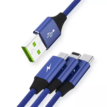 Kabel 3w1 USB-C micro USB Lightning szybkie ładowanie SOMOSTEL SMS-BW03 QC3.0 Quick Charge 2.1A 10W 1.2 m Powerline Niebieski