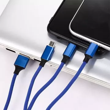 Kabel 3w1 USB-C micro USB Lightning szybkie ładowanie SOMOSTEL SMS-BW03 QC3.0 Quick Charge 2.1A 10W 1.2 m Powerline Niebieski