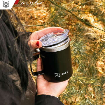 Kubek termiczny 420ml z uchwytem pokrywką na kawę herbatę stalowy zimne i ciepłe napoje Alogy Czarny