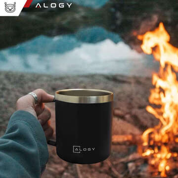 Kubek termiczny 420ml z uchwytem pokrywką na kawę herbatę stalowy zimne i ciepłe napoje Alogy Czarny