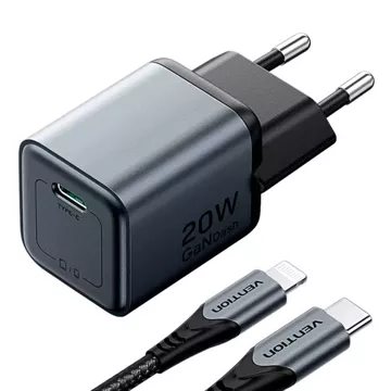 Ładowarka GaN Vention USB-C 20W + Kabel USB-C do Lightning 1m Szara