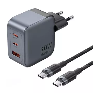 Ładowarka GaN Vention USB-C+C+A 70W + Kabel USB-C do USB-C 1m (Szara)