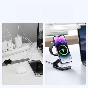 Ładowarka indukcyjna Qi Mag Safe 15W do iPhone Apple Watch AirPods 3w1 bezprzewodowa składana stojak aluminiowa czarna