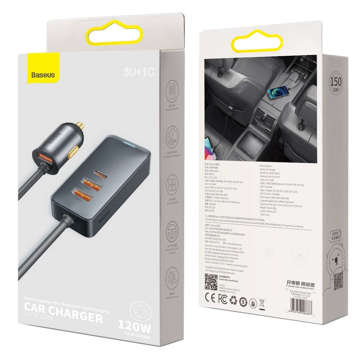 Ładowarka samochodowa Baseus Share Together z przedłużaczem 3x USB + USB-C 120W Szara