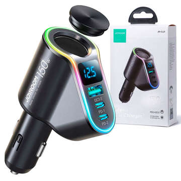 Ładowarka samochodowa USB QC 3.0 2x USB-C PD 150W rozdzielacz JoyRoom Car Charger 4w1 LED RGB czarna