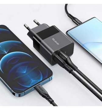 Ładowarka sieciowa Mcdodo CH-1952 USB + USB-C, 20W + kabel USB-C do Lightning (czarna)