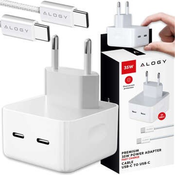 Ładowarka sieciowa szybka 35W 2x USB-C USB typ C PD do iPhone + Kabel type-C 1m Alogy Biała