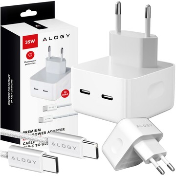 Ładowarka sieciowa szybka 35W 2x USB-C USB typ C PD do iPhone + Kabel type-C 1m Alogy Biała