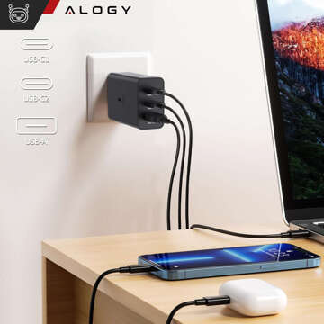 Ładowarka sieciowa szybka 65W 2x USB-C typ C PD + USB-A USB Alogy 3 porty mocna Czarna