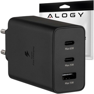 Ładowarka sieciowa szybka 65W 2x USB-C typ C PD + USB-A USB Alogy 3 porty mocna Czarna