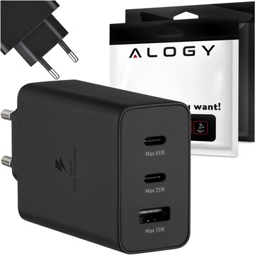 Ładowarka sieciowa szybka 65W 2x USB-C typ C PD + USB-A USB Alogy 3 porty mocna Czarna