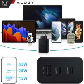 Ładowarka sieciowa szybka 65W 2x USB-C typ C PD + USB-A USB Alogy 3 porty mocna Czarna