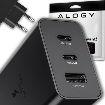 Ładowarka sieciowa szybka 65W 2x USB-C typ C PD + USB-A USB Alogy 3 porty mocna Czarna + Etui