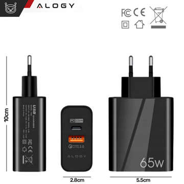 Ładowarka sieciowa szybka USB-A QC 3.0 Quick Charge + USB-C PD 33W 65W Alogy czarna