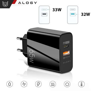 Ładowarka sieciowa szybka USB-A QC 3.0 Quick Charge + USB-C PD 33W 65W Alogy czarna